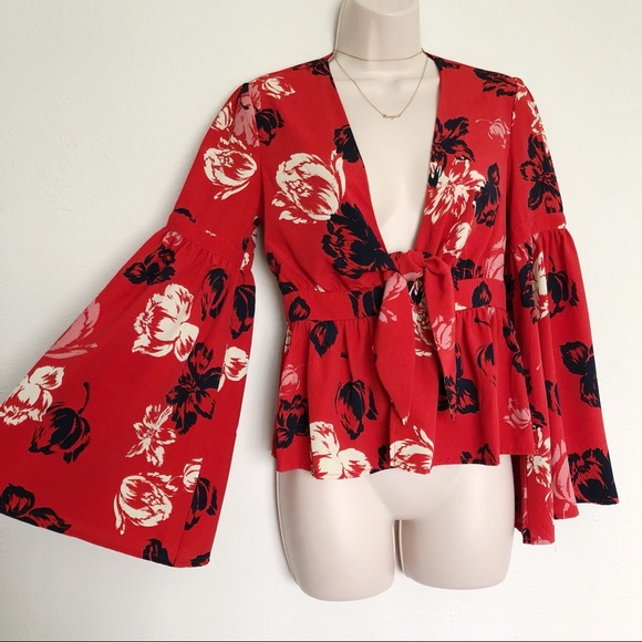 NWOT [Vici] Red Floral Blouse with Bell Sleeve - Picture 3 of 8